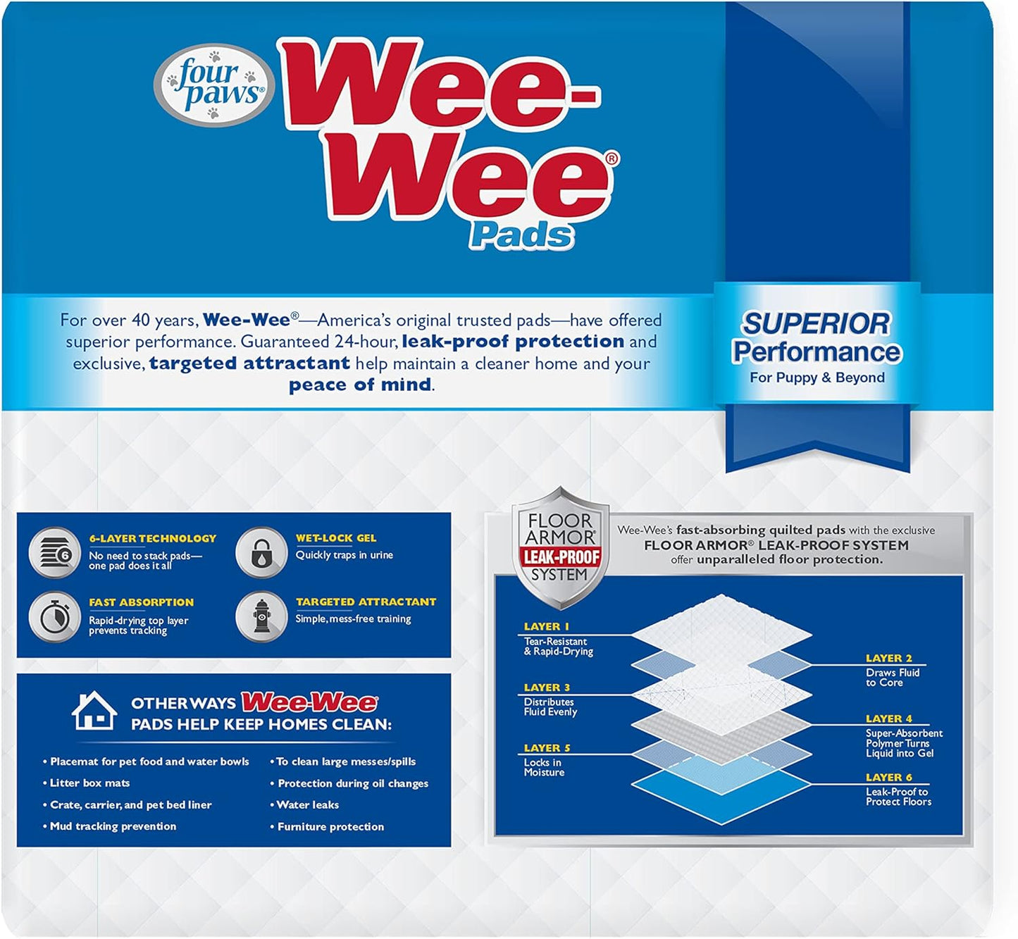 Four Paws Wee-Wee Superior Performance Unscented Pee Pads for Dogs & Puppies, Quilted Leak-Proof Dog Housebreaking Potty Training Floor Protection, 22" X 23", 100 Count