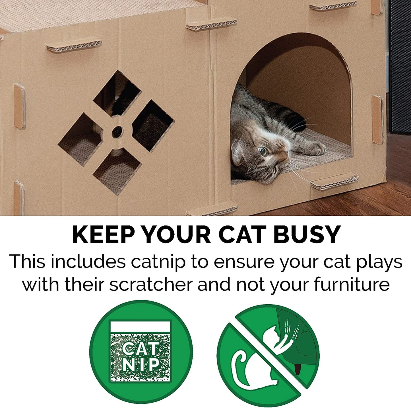 Furhaven Multi-Level Cardboard Cat House W/ Catnip for Indoor Cats, Ft. Scratching Pads & Toys - Townhouse Corrugated Cat Scratcher Hideout - Cardboard Brown, One Size