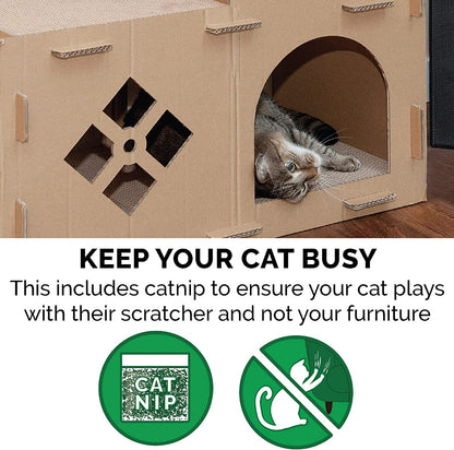 Furhaven Multi-Level Cardboard Cat House W/ Catnip for Indoor Cats, Ft. Scratching Pads & Toys - Townhouse Corrugated Cat Scratcher Hideout - Cardboard Brown, One Size