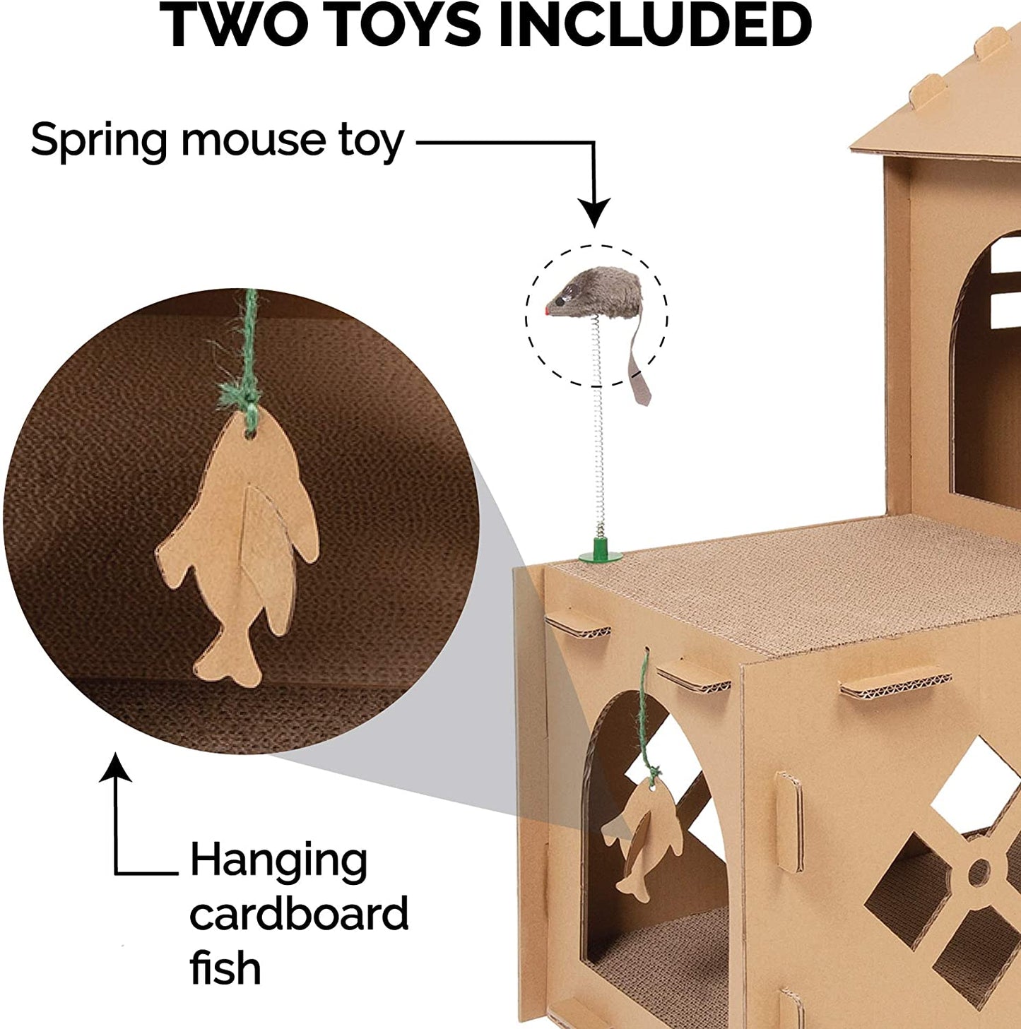 Furhaven Multi-Level Cardboard Cat House W/ Catnip for Indoor Cats, Ft. Scratching Pads & Toys - Townhouse Corrugated Cat Scratcher Hideout - Cardboard Brown, One Size