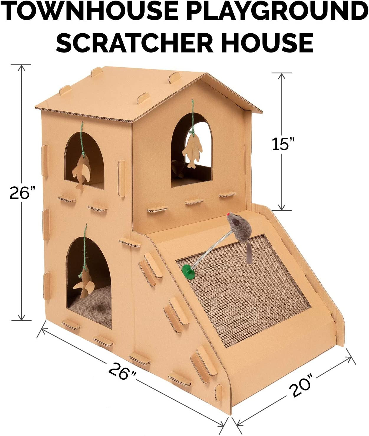 Furhaven Multi-Level Cardboard Cat House W/ Catnip for Indoor Cats, Ft. Scratching Pads & Toys - Townhouse Corrugated Cat Scratcher Hideout - Cardboard Brown, One Size