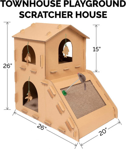 Furhaven Multi-Level Cardboard Cat House W/ Catnip for Indoor Cats, Ft. Scratching Pads & Toys - Townhouse Corrugated Cat Scratcher Hideout - Cardboard Brown, One Size
