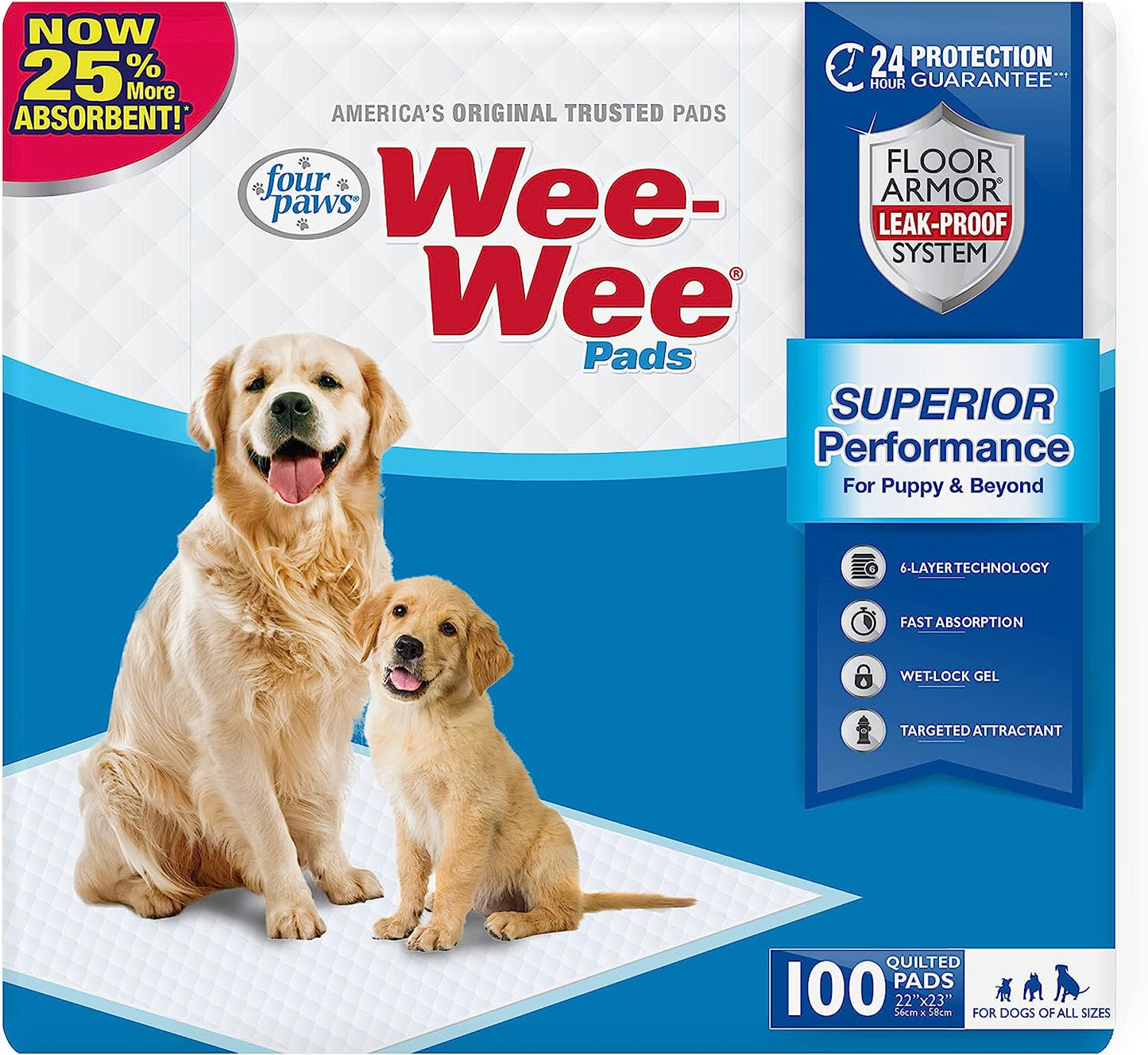 Four Paws Wee-Wee Superior Performance Unscented Pee Pads for Dogs & Puppies, Quilted Leak-Proof Dog Housebreaking Potty Training Floor Protection, 22" X 23", 100 Count
