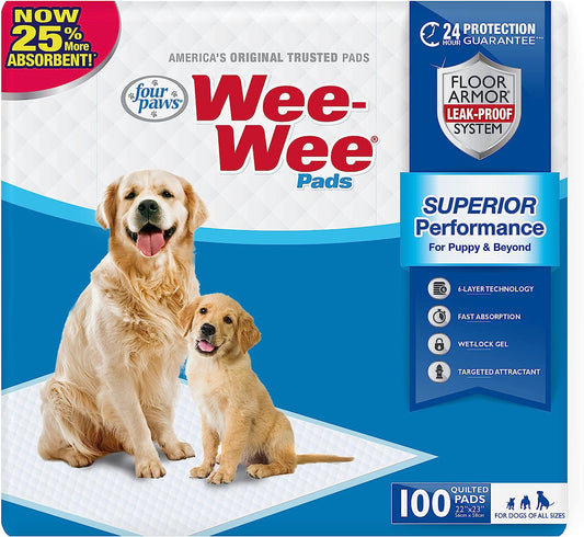 Four Paws Wee-Wee Superior Performance Unscented Pee Pads for Dogs & Puppies, Quilted Leak-Proof Dog Housebreaking Potty Training Floor Protection, 22" X 23", 100 Count