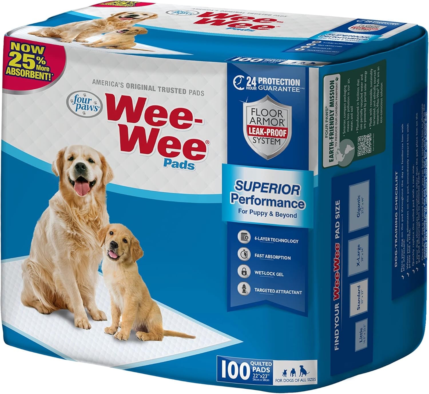 Four Paws Wee-Wee Superior Performance Unscented Pee Pads for Dogs & Puppies, Quilted Leak-Proof Dog Housebreaking Potty Training Floor Protection, 22" X 23", 100 Count