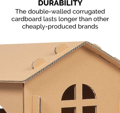 Furhaven Multi-Level Cardboard Cat House W/ Catnip for Indoor Cats, Ft. Scratching Pads & Toys - Townhouse Corrugated Cat Scratcher Hideout - Cardboard Brown, One Size